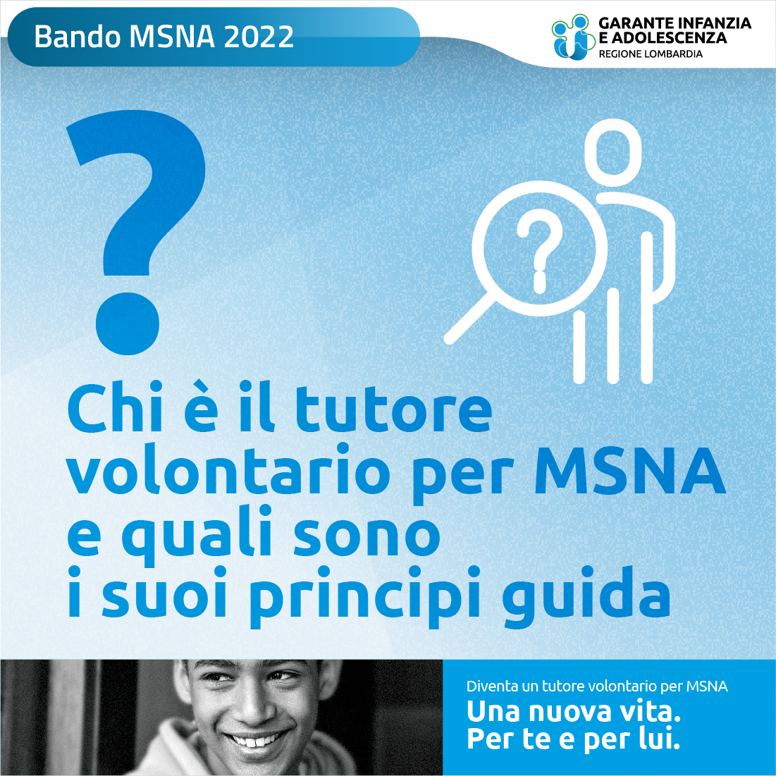 Immagine grafica della campagna informativa contenente il testo "Chi è il tutore volontario per MSNA e quali sono i suoi principi guida?"